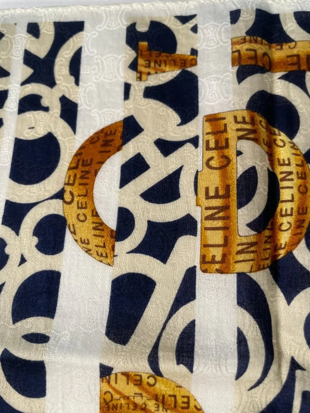 Celine Vintage Cotton Scarf Navy Ivory Gold Logo Stripe Print 22” - Picture 12 of 13
